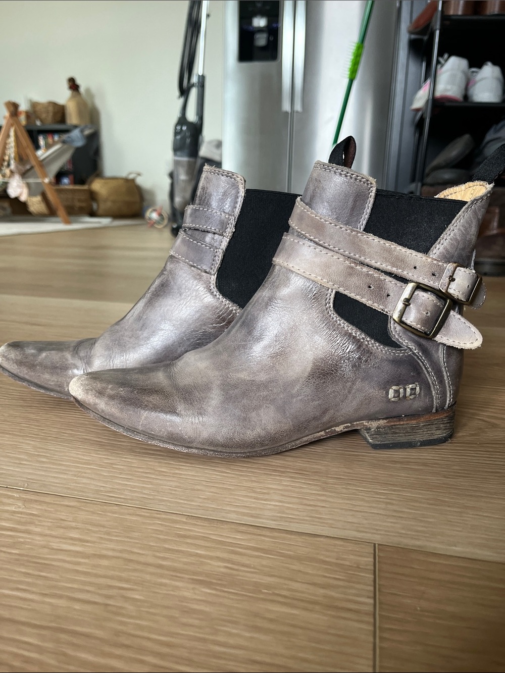 Bed Stu Distressed Taupe Leather Ankle Boot with Buckle